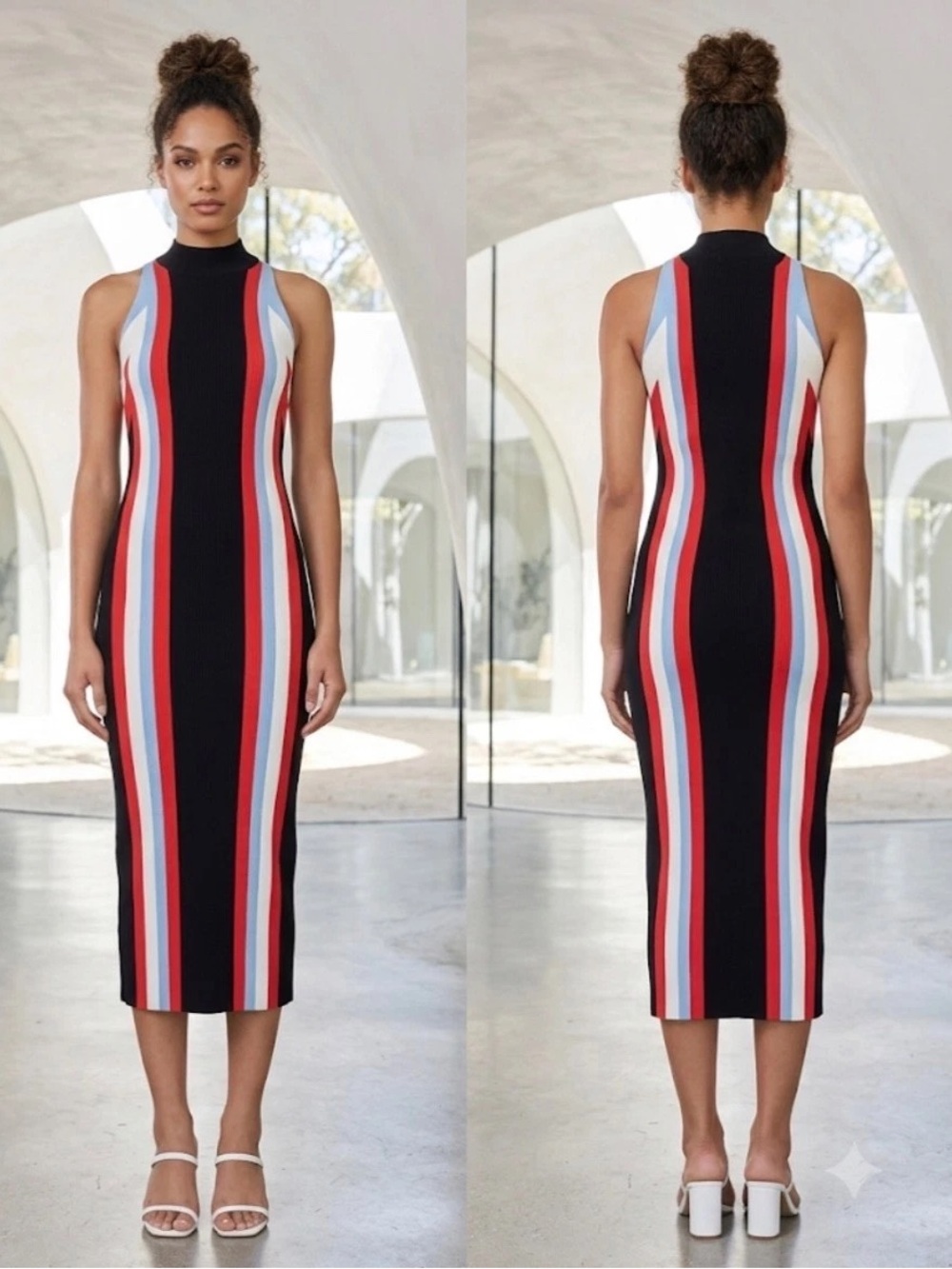 Bar III Striped Sleeveless Black Midi Sweater Dress with Mock Neck Collar